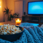 Dimly lit living room at night with warm amber lamp light, an arched black mirror on the wall reflecting blue television glow, a weighted knit blanket draped across a couch, warm beeswax glow, moody editorial home photography, no people