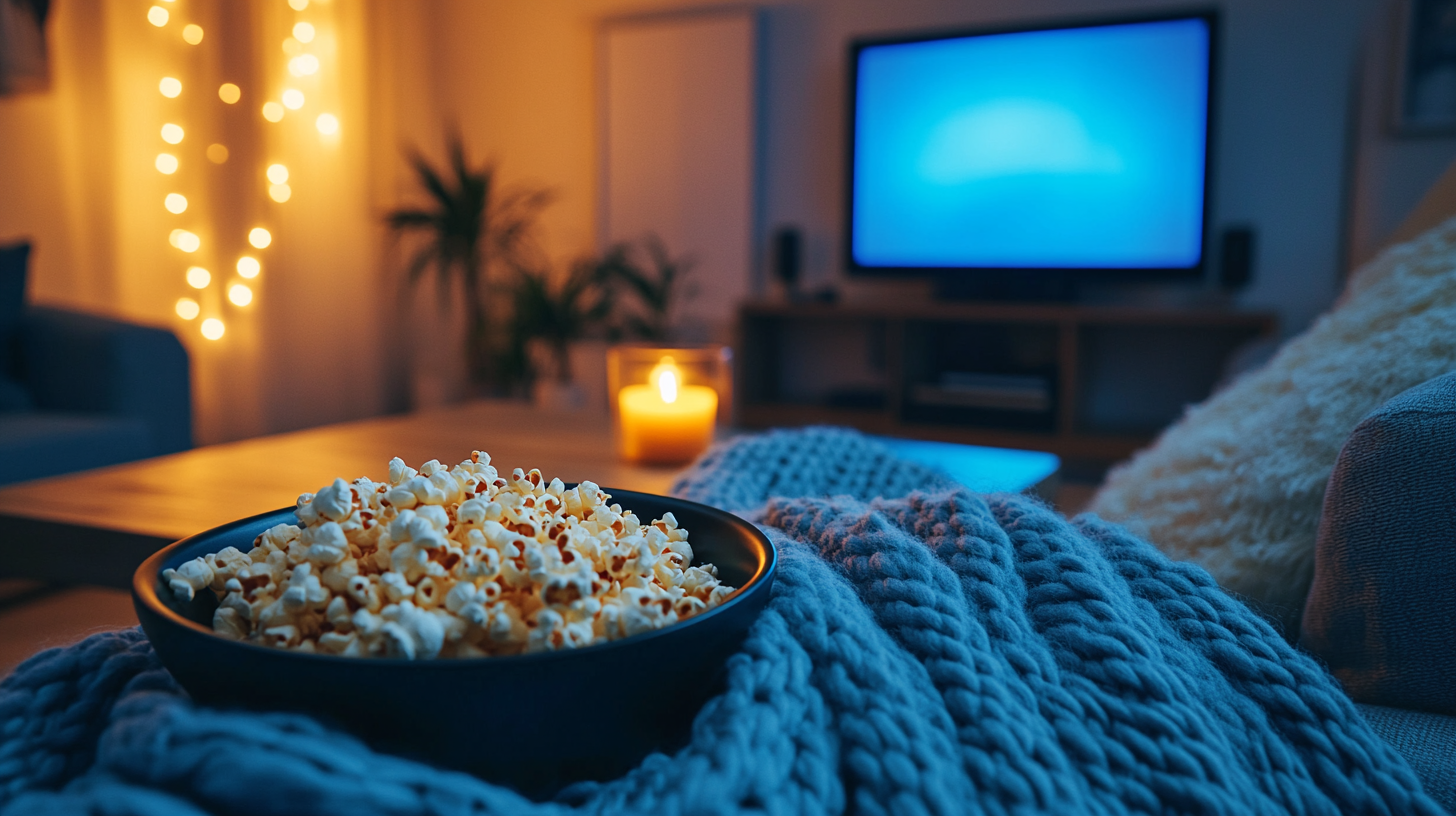 Dimly lit living room at night with warm amber lamp light, an arched black mirror on the wall reflecting blue television glow, a weighted knit blanket draped across a couch, warm beeswax glow, moody editorial home photography, no people