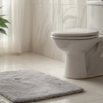 TUSHY Classic 3.0 bidet attachment installed on a white toilet in a minimal rental apartment bathroom, bamboo control knob visible, warm soft morning light from overhead, clean white tile walls, moody editorial bathroom photography, no people