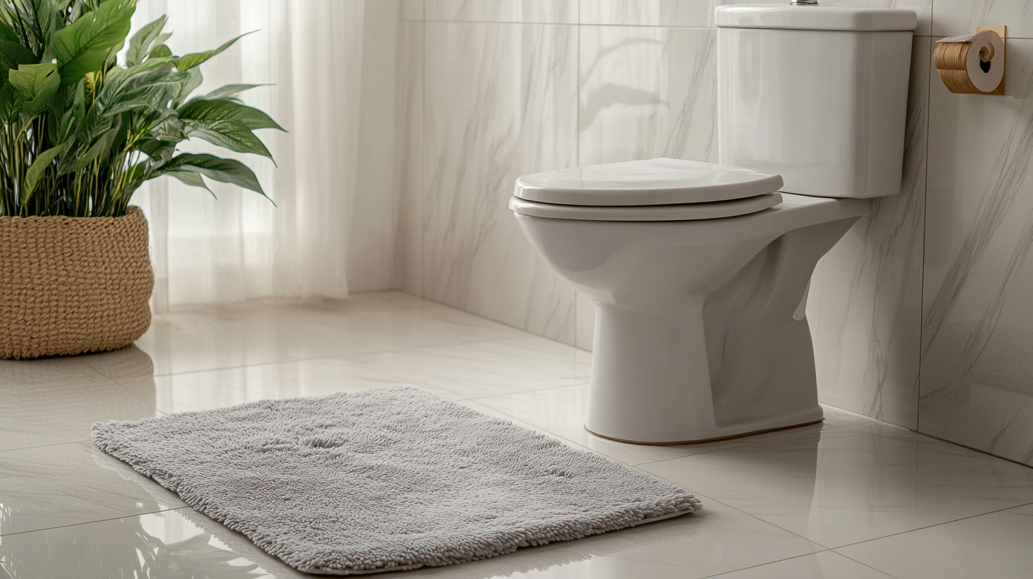 TUSHY Classic 3.0 bidet attachment installed on a white toilet in a minimal rental apartment bathroom, bamboo control knob visible, warm soft morning light from overhead, clean white tile walls, moody editorial bathroom photography, no people