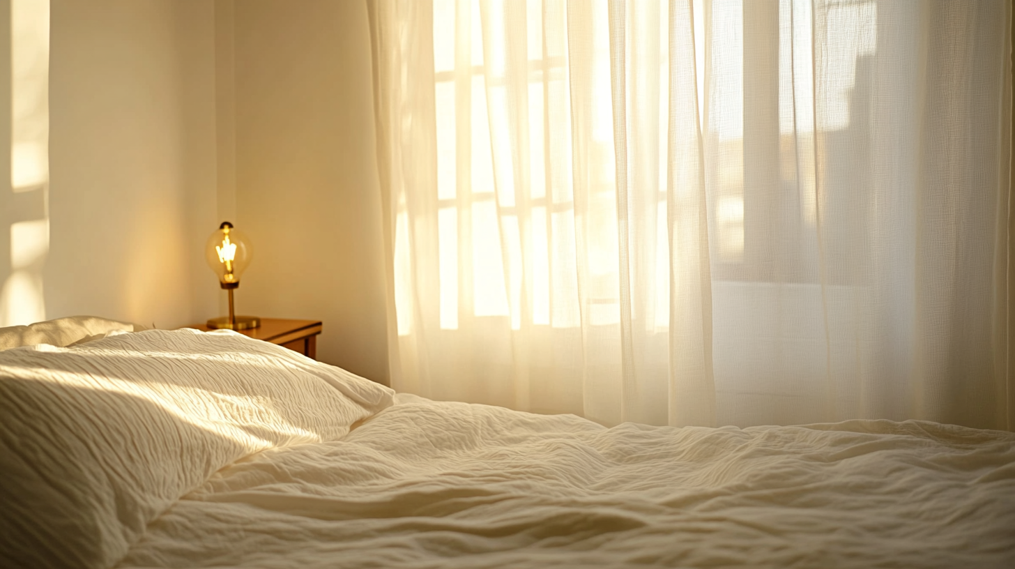 Soft spring morning light coming through a gap in white sheer curtains in a minimal rental apartment bedroom, a neatly made bed partially visible, warm ambient light from a nightstand lamp, the room dim and quiet, editorial bedroom photography, cream and ivory and pale morning light palette, no people