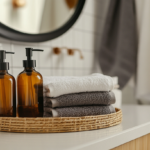 Gray Turkish cotton bath towels folded on white tile beside amber glass soap dispensers and a bamboo vanity tray, warm morning bathroom light, waffle weave white shower curtain visible in background, matte black round mirror on wall, moody editorial home photography, no people