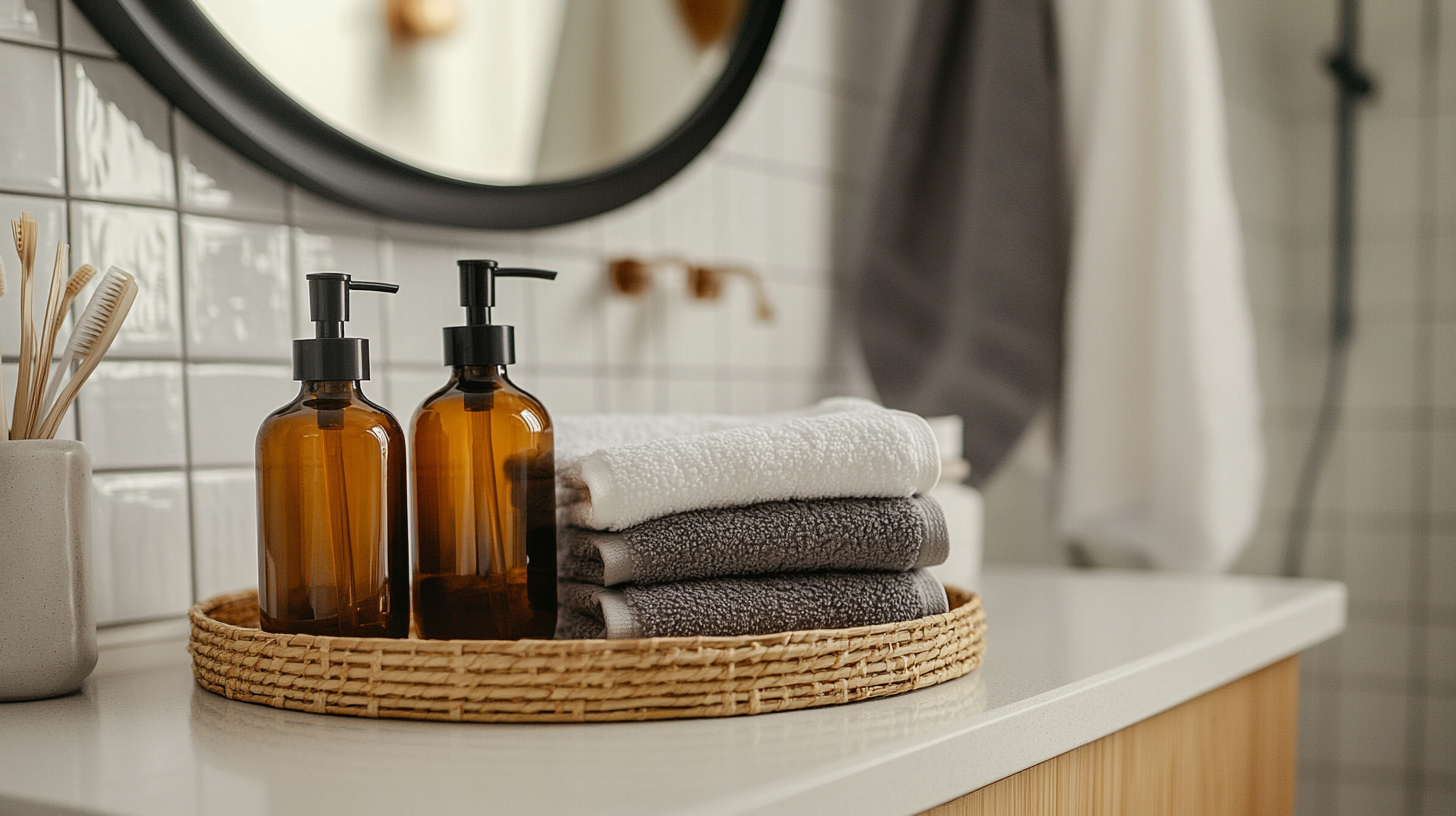 Gray Turkish cotton bath towels folded on white tile beside amber glass soap dispensers and a bamboo vanity tray, warm morning bathroom light, waffle weave white shower curtain visible in background, matte black round mirror on wall, moody editorial home photography, no people