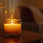 Paddywax apothecary clear glass candle jar with metal lid burning on a dark wooden surface, warm amber candlelight, moody low light, dark background, single candle as primary subject