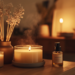 Two Paddywax soy candles — clear glass jar and wine bottle base — alongside a Cocodor reed diffuser and a small amber glass linen spray bottle, styled on a warm surface with soft evening light