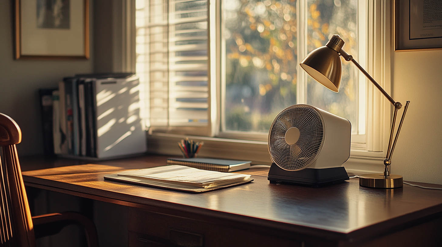A small utilitarian air circulator on a desk in a managed-community apartment, southwest-facing window in the background with strong afternoon summer light, a brass desk lamp beside it switched off, the room warm and specific, editorial interior photography, film grain, warm ivory and near-black tones, no people