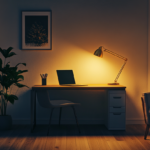 A warm-lit apartment desk corner at dusk, a matte gold articulated desk lamp casting a circle of warm 3000K light on a clean wood desk surface, the rest of the apartment visible beyond it in cooler tones — a reading chair in the far corner, a couch angled toward an off-screen television, warm ivory and near-black palette, editorial interior photography, no people, film grain