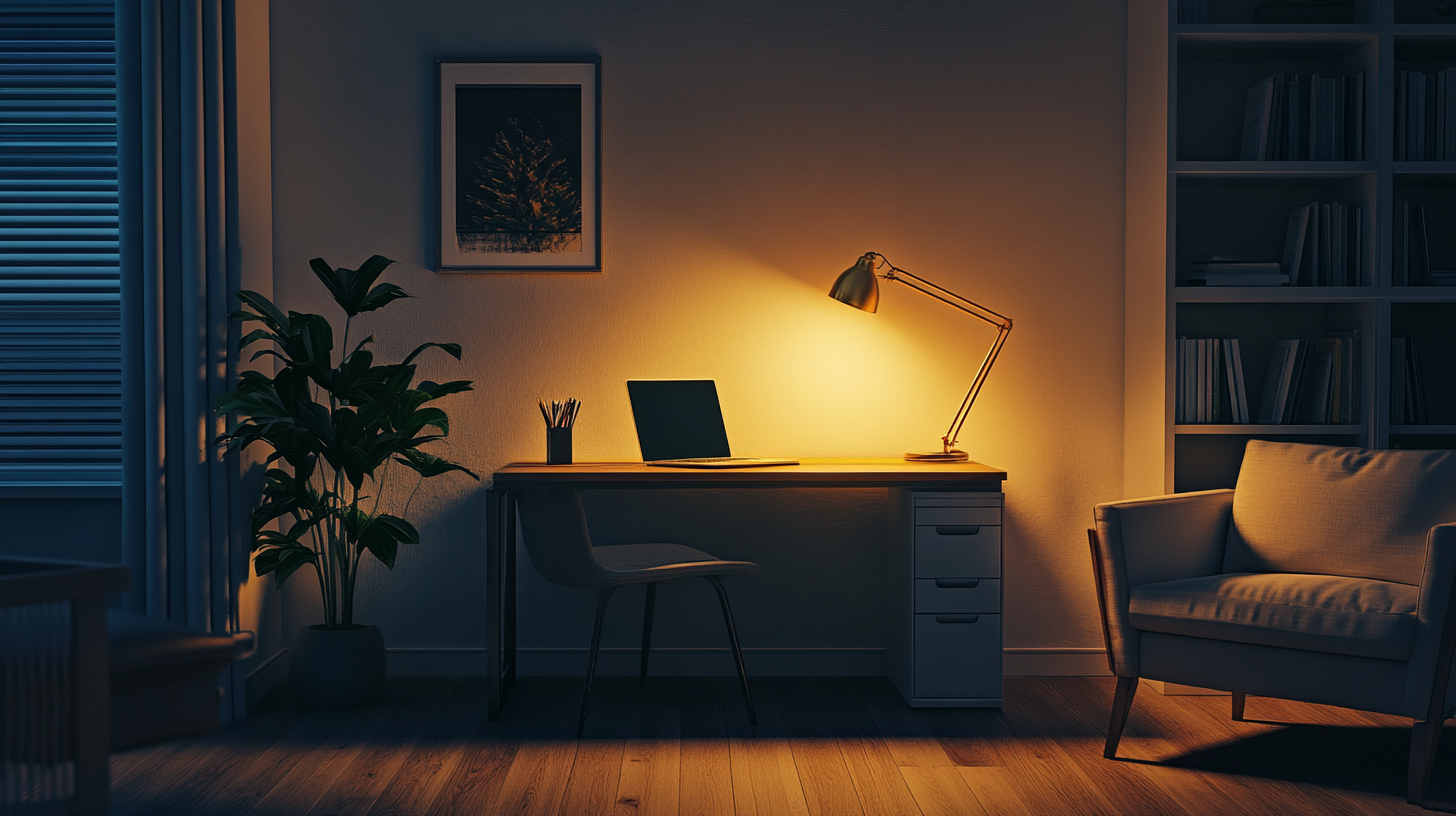 A warm-lit apartment desk corner at dusk, a matte gold articulated desk lamp casting a circle of warm 3000K light on a clean wood desk surface, the rest of the apartment visible beyond it in cooler tones — a reading chair in the far corner, a couch angled toward an off-screen television, warm ivory and near-black palette, editorial interior photography, no people, film grain