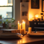 A small apartment dining table in warm evening light, stoneware plates set casually, beeswax taper candles burned nearly to the base, a board game partially visible at one edge of the frame, the scene clearly mid-use rather than staged — inhabited and used and warm, editorial interior photography, warm ivory and near-black palette, film grain, no people