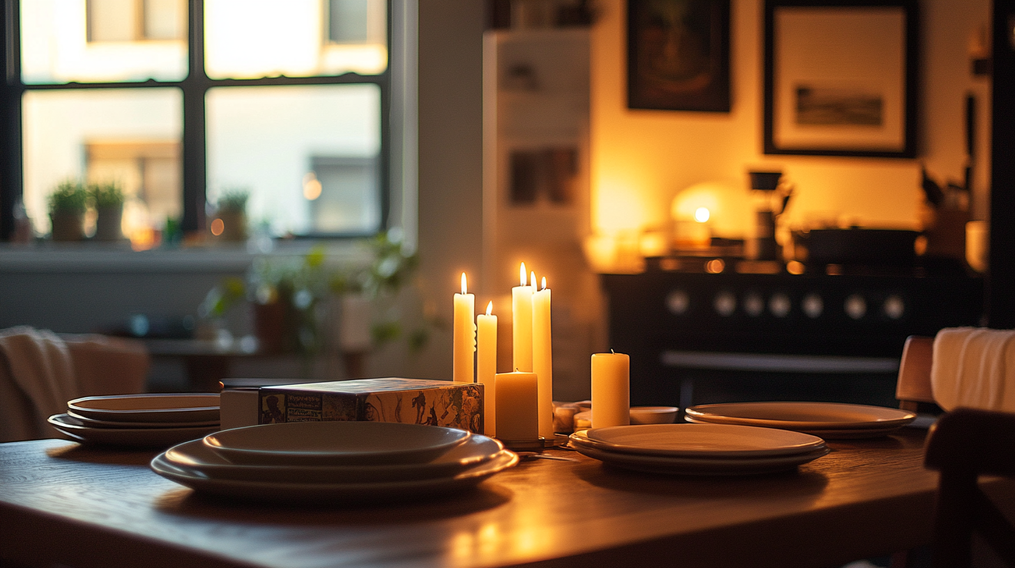 A small apartment dining table in warm evening light, stoneware plates set casually, beeswax taper candles burned nearly to the base, a board game partially visible at one edge of the frame, the scene clearly mid-use rather than staged — inhabited and used and warm, editorial interior photography, warm ivory and near-black palette, film grain, no people