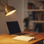 Articulated matte gold desk lamp illuminating a narrow work surface near a window, open notebook and laptop visible, warm directional light contrasting with dim ambient background, editorial interior photography, focused and spare, warm amber tones