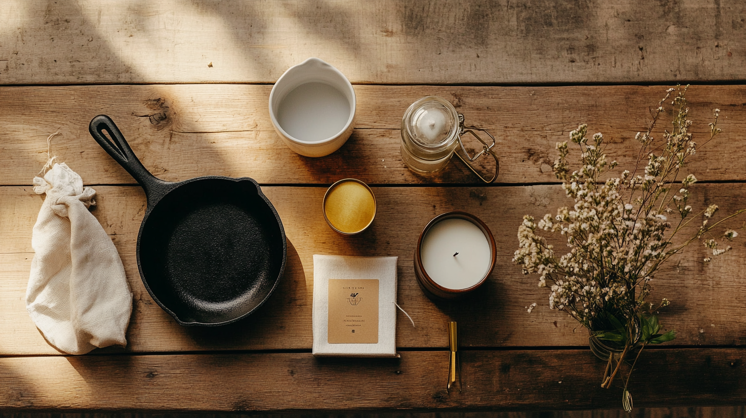 Flat lay of five apartment essentials on warm wood surface: cast iron skillet, ceramic V60 dripper, tobacco patchouli candle, matte gold desk lamp, and lint roller, editorial interior photography, natural light, warm amber tones