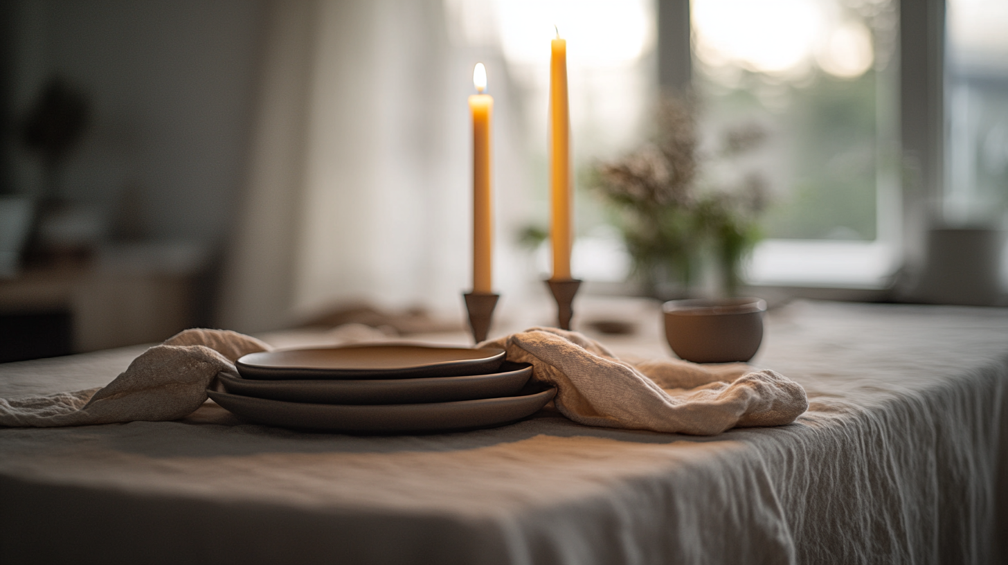 Natural linen tablecloth draped over a rectangular dining table, matte stoneware dinner plates and beeswax tapers styled on top, warm candlelight, moody apartment setting
