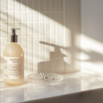 Olaplex No. 3 hair perfector bottle on a pale marble bathroom shelf, warm morning light from a frosted window, small glass dish with a single bobby pin beside it, white subway tile wall, soft linen hand towel folded neatly at edge of frame