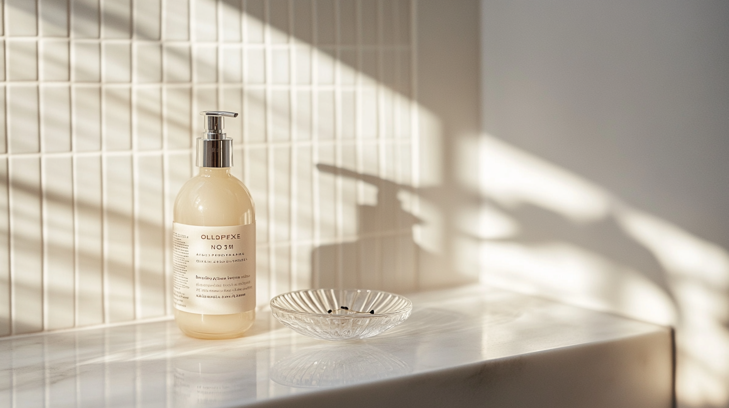 Olaplex No. 3 hair perfector bottle on a pale marble bathroom shelf, warm morning light from a frosted window, small glass dish with a single bobby pin beside it, white subway tile wall, soft linen hand towel folded neatly at edge of frame