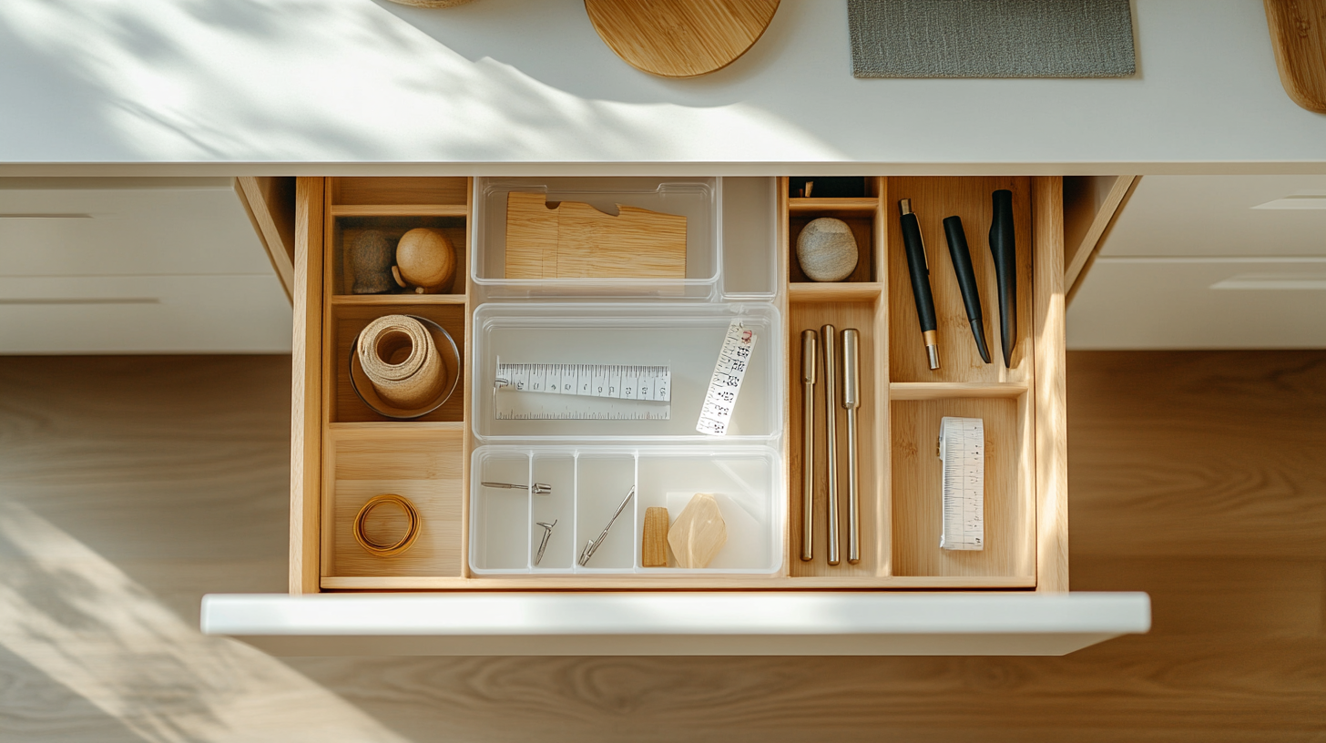 Clear acrylic expandable drawer organizer with graduated compartments holding pens, measuring tape, and small tools, set inside a white kitchen drawer, warm overhead lighting, clean and minimal